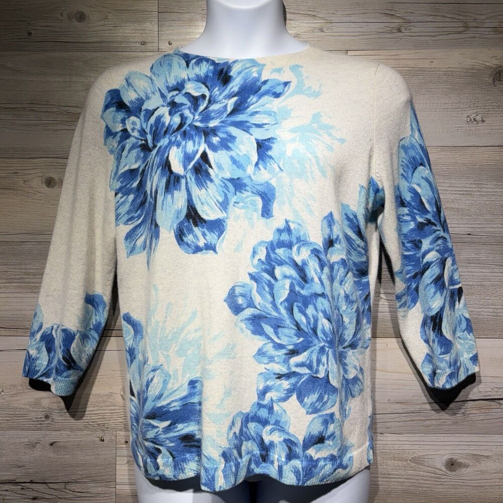 Talbots 100% Cashmere Sweater Cream Blue Floral 3/4 Sleeve Women’s XLP Petite